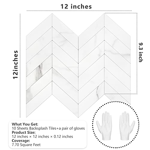 STICKGOO 10-Sheet Herringbone Tile Peel and Stick Backsplash, White Marble PVC Stick on Backsplash, Self Adhesive Wall Tile for Kitchen and Bathroom