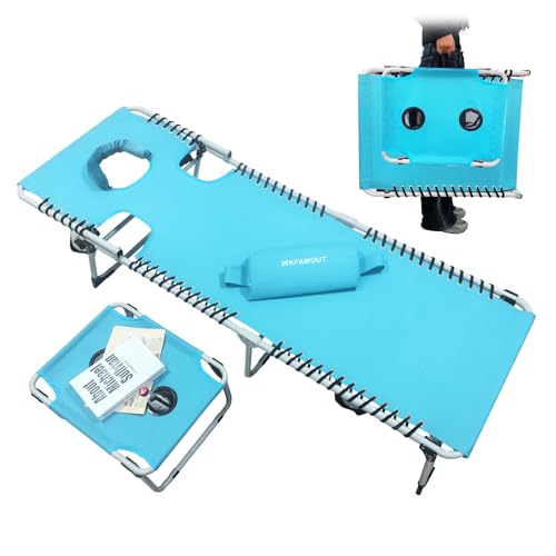 WKFAMOUT Solstol hopfällbar med hål för ansikte och armar 5-stegs justerbart ryggstöd, strandstol, campingstol, trädgårdsstol, avslappningsstol med fällbordskudde, 190 x 59 cm, blå