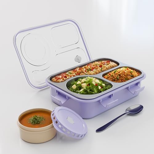 Image of 3-Compartment Stainless Steel Tiffin Box, Leak-Proof & BPA-Free Bento Box, Eco-Friendly, Durable Meal Prep Container for Kids & Adults, Ideal for School, Office, College, Travel (Purple)