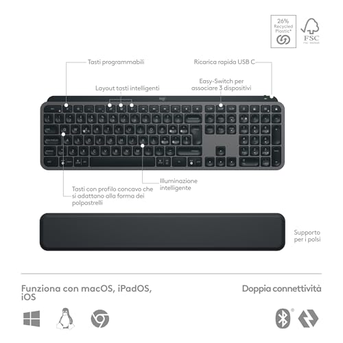 MX Keys S Combo - Tastiera e Mouse Wireless con Palm Rest, illuminazione personalizzabile, Scorrimento veloce, Bluetooth, USB C, Windows/Linux/Chrome/Mac, Grigio - Tastiera gaming - Immagine 5