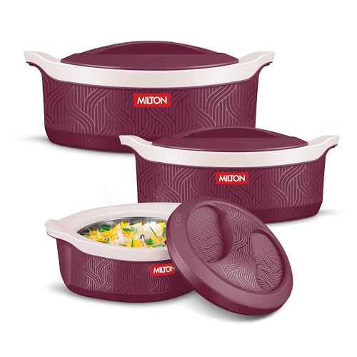 Image of Milton Evoke Jr. Gift Set PU Insulated Inner Stainless Steel Casserole, Set of 3 (450 ml, 850 ml, 1240 ml), Maroon,BPA Free,Food Grade,Hot and Cold,Easy to Carry, Easy to Store,Chapati,Roti,Curd Maker
