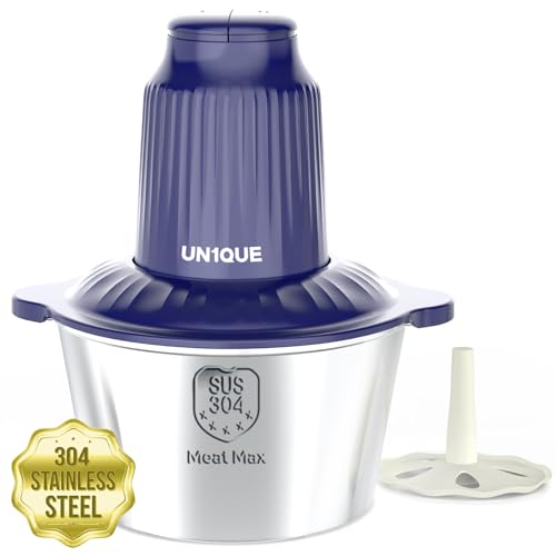 UN1QUE Electirc Chopper - 2 Speed Mode, 4 Stainless Steel Blades, 2L Big Capacity, 300W Meat Grinder with Egg Beater for Kitchen, Vegetables, Meat, Onion, Fruit & Nuts Blender (Blue, 304 Steel Bowl)