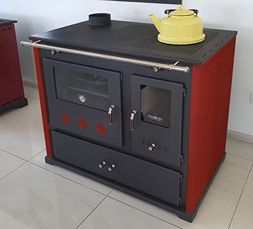 Foto von Kaminofen mit Backfach und Herdplatte Pracktik Lux Rot LINKS Holzofen 9,5 kW Kamin Ofen Dauerbrandofen Werkstattofen Schwedenofen Hüttenofen Heizofen