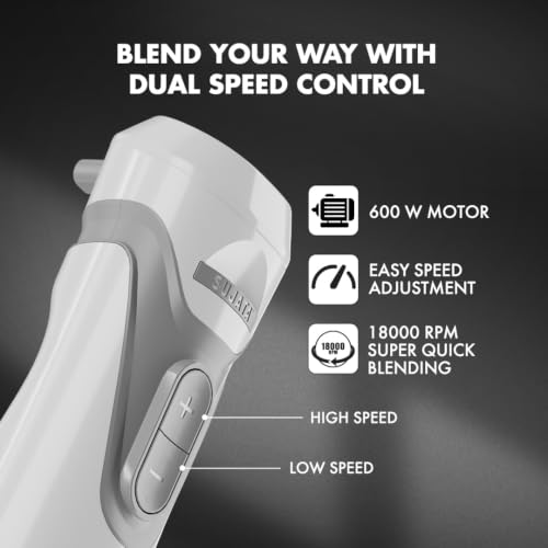 Image of Sujata Blendstick Hand Blender | 600W Powerful Motor | Dual Speed Control | Stainless Steel Immersion Blender | 18000 RPM | Detachable Stick | Ergonomic Design | White