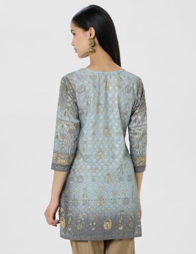 Image of Soch Womens Powder Blue Cotton Blend Floral Embroidered Tunic with Schiffli