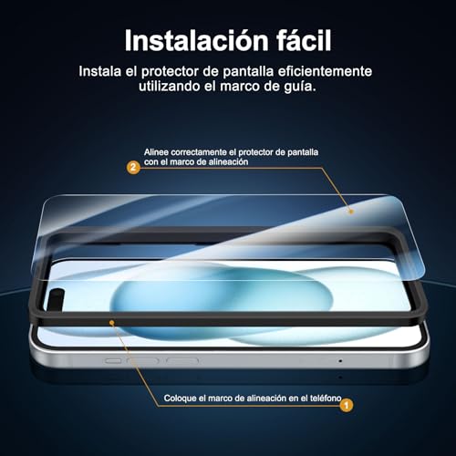 NEW'C 3 x Protector Pantalla para iPhone 15 (6,1 Pulgadas) y 3 x Protector de Lente de Cámara - Cristal Templado + Tapón Antipolvo - Herramienta de instalación fácil incluida - imagen 3