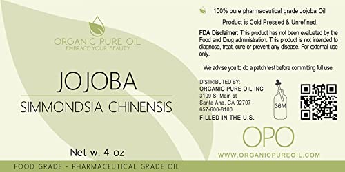 Jojoba Oil - 100% Pure, Cold Pressed, Unrefined, Virgin Hydrating & Moisturizing Carrier Oil For Skin, Hair, Face, Facial Care, Body, Massage, Ear, Beard, Makeup Remover - 4 Oz Glass & Dropper - Opo #TOP3