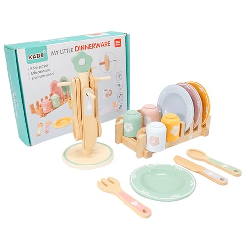 LUPATDY Set di stoviglie da cucina per bambini, 22 pezzi, in legno, accessori per la cucina dei bambini, servizio da tè per bambini, in legno, giocattolo educativo per giochi di ruolo, Montessori