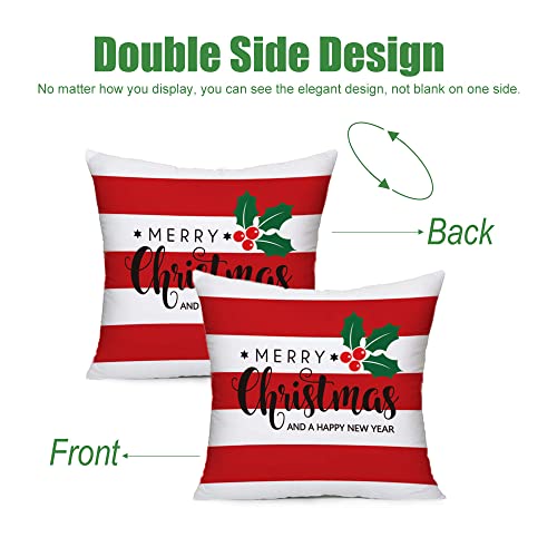 Logazoo Merry Christmas Throw Winter Pillow Covers 18X18 Set Of 2 Happy New Year Red And White Striped Pillow Case For Sofa Couch Car Home Room Decor Holiday Party Decorations #TOP1
