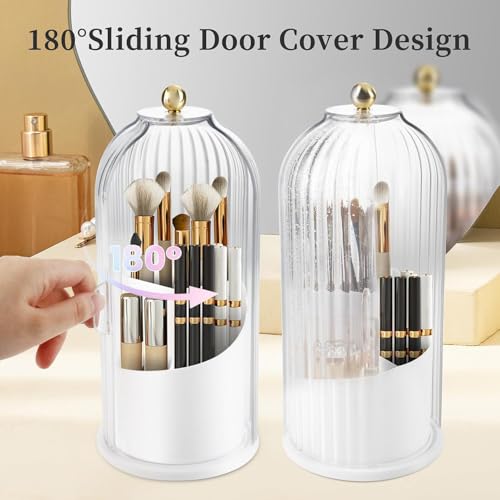 Image of 360Rotating Makeup Brushes holder with Lid，Make Up Organizers and Storage for Vanity Countertop or Bedroom Dresser (Transperent)