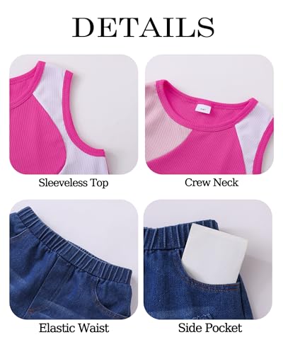 Image of YOURUIKER Girls Summer Outfit Kids Sleeveless Cute Tank Crop Top Pocketed Demi Jeans Set Tween Girl Preppy Clothes Size 5-12Y
