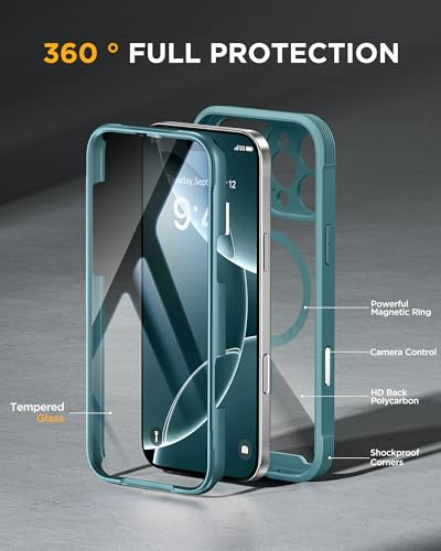 Image of Miracase Magnetic for iPhone 16 Pro Case Full-Body Phone with Built-in Glass Screen Protector, [Compatible with MagSafe] Military Drop Proof 16 Pro Cover Bumper 6.3 inch, Green