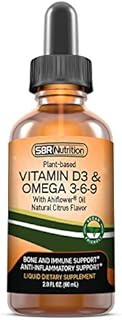 SBR Nutrition Plant-Based Vitamin D3 and Omega 3-6-9 Liquid Dietary Supplement with Ahiflower Oil, Bone, Immune, and Anti-Inflammatory Support, Natural Orange Citrus Flavor, 2oz (60mL), 30 Servings