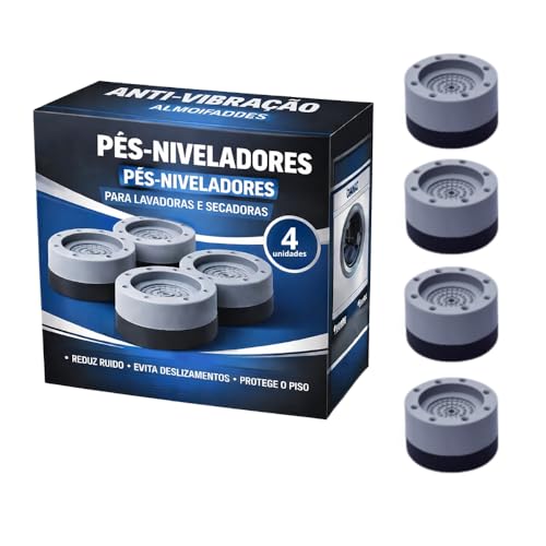 Pés Niveladores Universal Antivibração para Máquina de Lavar, Lava e Seca, Geladeira e Sofá – Suporte Universal Ajustável, Antiderrapante e Silencioso, 4 Unidades, Protege o Piso. Material de Borracha