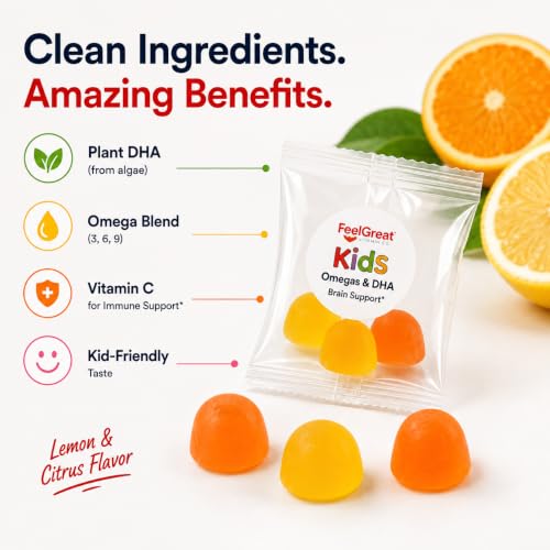Image of Feel Great Kids Omega 3 Gummies with DHA, No Fishy Taste, 25 Daily Packs