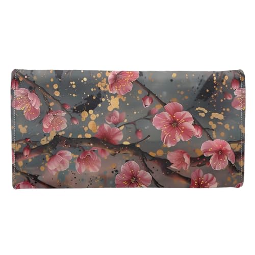 Watercolor Red Plum Women Wallet Painting Flowers Slim Long Trifold Clutch Checkbook Wallets with Zipper Pocket, Natural Floral PU Leathers Wallet Purse3