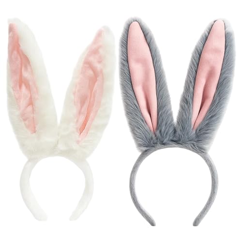 Qnvyw 2 Stück Hasenohren Haarreif Set, Grau & Weiß | Bunny Ears Headband für Karneval, Halloween & Cosplay