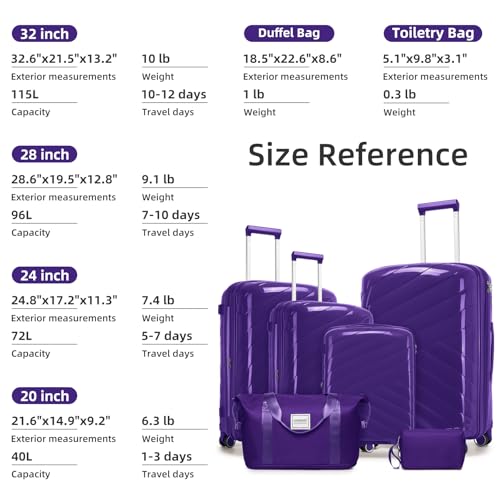 Image of 6 Piece Luggage Set Carry on Suitcase with Spinner Wheels, Expandable Hardshell Luggage PP Lightweight Suitcase Set for Women(32 /28 /24 /20in Grape Purple)