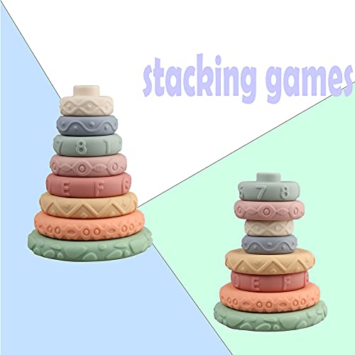 Miawow 8 Pcs Stacking Rings Soft Toys For Babies Newborn 0 3 4 5 6 12 18 Months 1 Year Old Girls Boys - Toddler Sensory Educational Montessori Baby Blocks - Infant Development Teething Learning Tower #TOP2