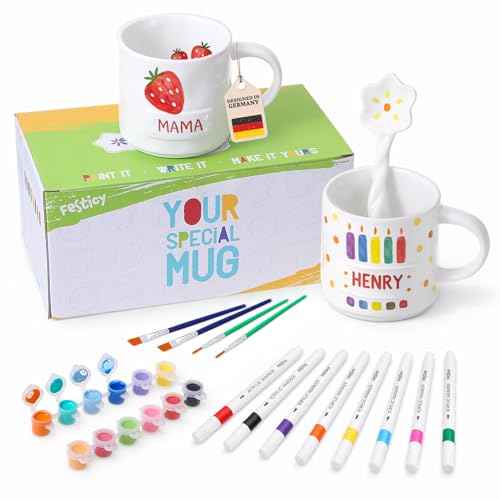 Festicy Kit de Peinture sur Tasses I 2 Tasses en céramique à Peindre I 12 peintures acryliques I 8 Crayons acryliques I 4 pinceaux I Kit de Peinture sur céramique I Kit de Bricolage pour Adultes