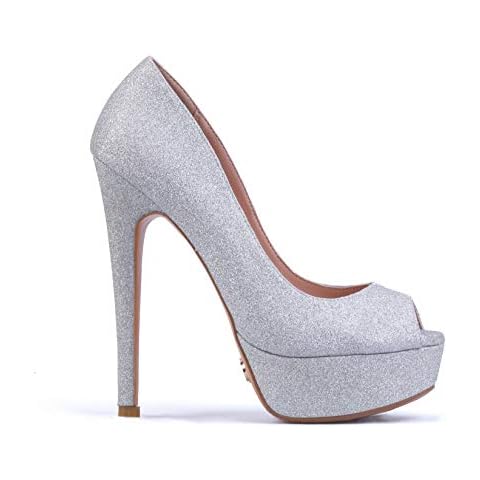 Petit Cadeau Danielle - Women's Classy & Elegant Peep Toe Pumps with 6" Stiletto High Heels & 1.5" Platform. Handmade to Perfection. Size 11 Silver Cover