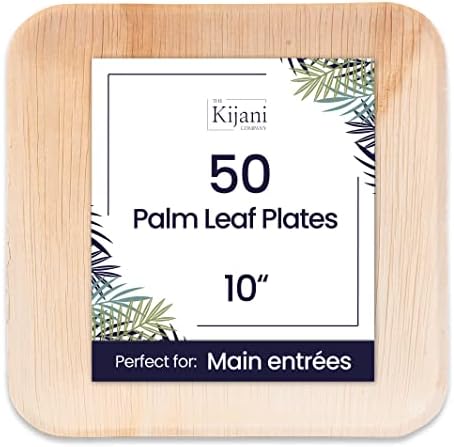 Kijani Palm Leaf Plates | Bamboo Plates Disposable Like | 10 Inch Square 50 Pack | Biodegradable, Compostable & Eco-friendly | Premium, Sturdy, Durable & Heavy Duty Wood Style | Entree Dinner Plates