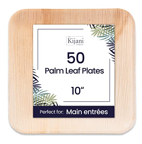 Kijani Palm Leaf Plates | Bamboo Plates Disposable Like | 10 Inch Square 50 Pack | Biodegradable, Compostable & Eco-Friendly | Premium, Sturdy, Durable & Heavy Duty Wood Style | Entree Dinner Plates #TOP13