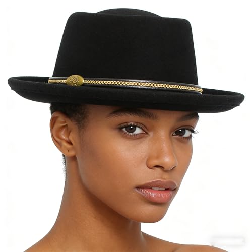 Wotfim Unisex Vintage Felt Fedora with Gold Chain Band Men's Classic Pork Pie Hat Retro Gentleman Style for Daily & Formal Wear Panama Trilby Hats-FT773-Black
