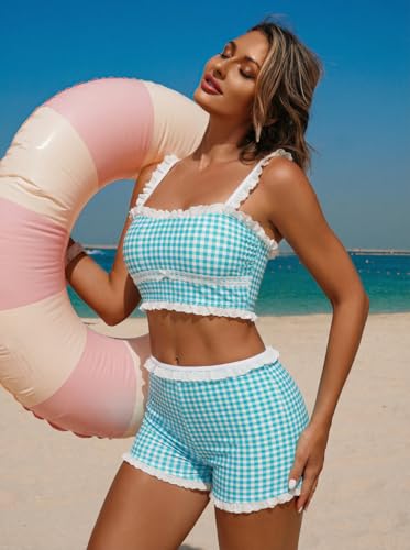 Image of ZAFUL Womens High Waisted Bikini Sets 2 Piece Plaid Ruffle Swimsuits Back Strap Top with High Waisted Shorts Bathing Suit