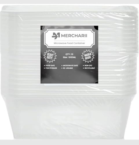MERCHARII 10 × Plastic food containers with lids, Microwave, and freezer-safe, Heavy-duty, Rectangular, BPA-free, Reusable and Recyclable (1000ml)