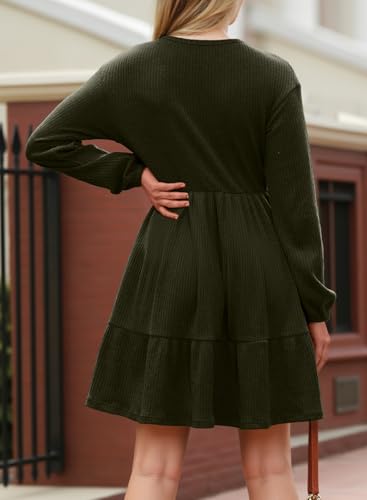 Image of Dokotoo Womens Dresses Long Sleeve V Neck Lightweight Ribbed Knit Empire Waist Casual A Line Swing Mini Dress