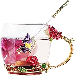 Qinhai Enamel Butterfly Flower Tea Cup Sets, Glass Coffee Mug, Mothers Day Gifts for Mum, Wedding Birthday Valentines Graduation Christmas Present for Women Wife Her Grandma Teacher Friend (Red)