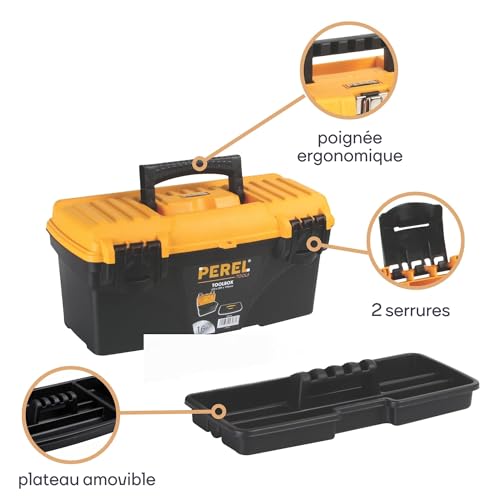 Perel boîte à outils 16,7 l avec bac amovible, coffre à outils en polypropylène avec poignée rabattable et fermetures solides, boîte de rangement pour outils garage atelier bricolage 41 x 20,9 x 19,5 – vue 5