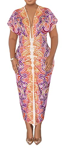 Image of Womens Sexy Cap Sleeeve Deep V Neck Ruffles Printed Bodycon Split Party Clubwear Dress
