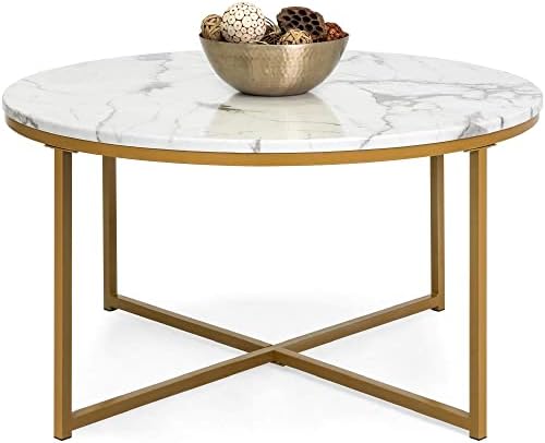 Best Choice Products Round Coffee Table 36in Faux Marble Coffee Table, Large Circular Living Room Table, Modern Boho Home Décor Metal & Marble Accent Table – White/Gold