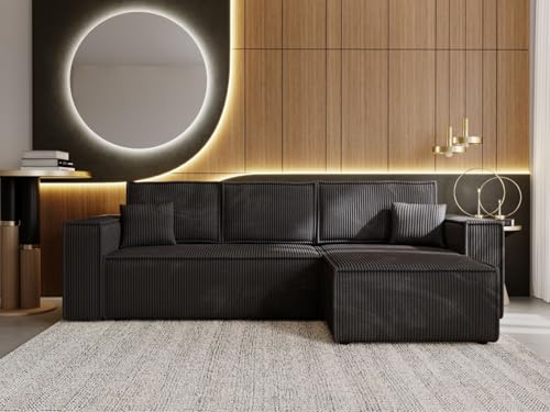 GRAINGOLD Prato XL Canapé d’Angle en L 280x170 cm, Velours côtelé, Convertible et Réversible, avec Coffre de Rangement et Fonction Lit, 4 Places...