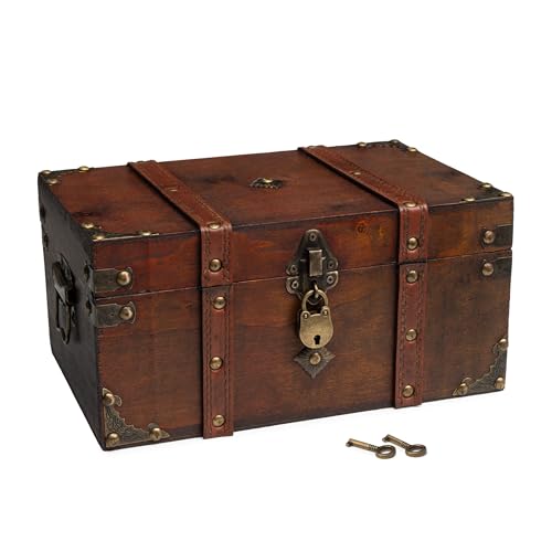 Antique Treasure Chest Box with Tray Lockable Vintage Wooden Trunk Decor