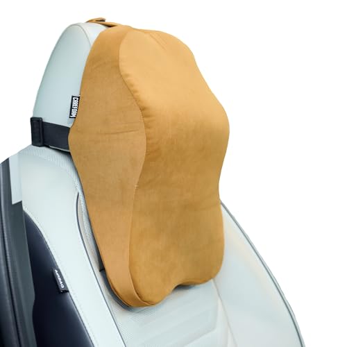 Image of CareFoam Ultimate Memory Foam Car Neck Rest Pillow, Comfortable Rides, Superior Neck Support Cushion, Relieves Neck Pain, Tan Velvet Cover | 14 x11 x5 Inch | Small Pack of 1