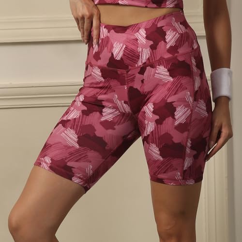 Image of SOIE Women Polyester Blend Sports Shorts High Waist Knee Length with Side Pocket Quick Dry Squat Proof Athleisure Shorts for Workout