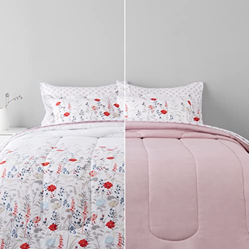 Amazon Basics 7-Piece Ultra-Soft Light-Weight Reversible Microfiber Comforter Bed-In-A-Bag - Full/Queen, Pink Floral