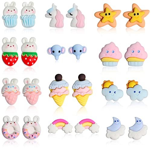 Spiritlele 12 Pairs Bunny Cartoon Magnetic Earrings Set Resin Clip on Non Piercing Fake Earrings for Women