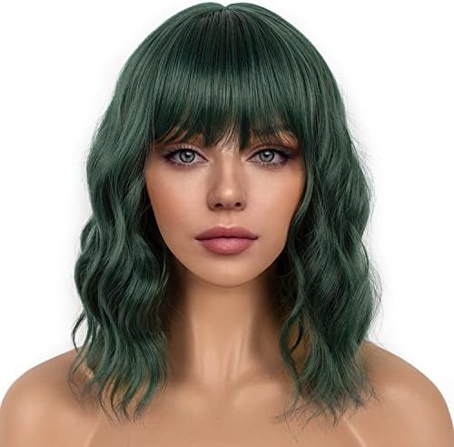 LANCAINI Dark Green Short Bob Wigs with Bangs for Women Loose Wavy Wig Curly Wavy Shoulder Length Bob Synthetic Cosplay Wig for Girl Colorful Costume Wigs