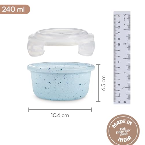 Image of Borosil 240 ml Blue Food Storage Container with Air Tight Lid | Round Shape Borosilicate Glass Organiser | Microwave & Dishwasher Safe | For Fridge, Kitchen Storage