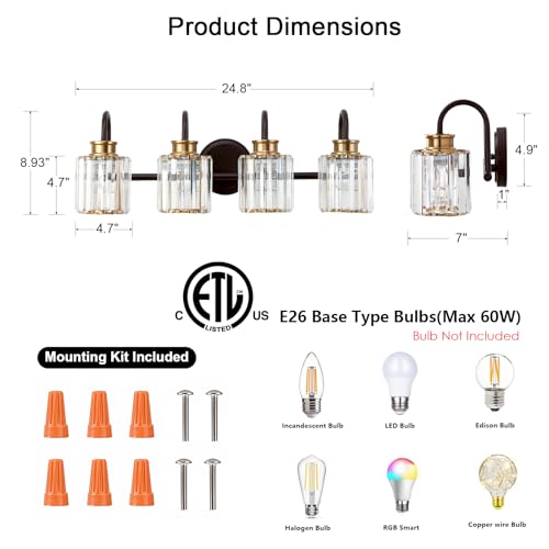 Image of ORB Bathroom Light Fixtures with K9 Crystal Lampshade Bathroom Lighting Over Mirror Vanity Lights for Living Room,Bedroom,Restroom,Hallway 4 Lights