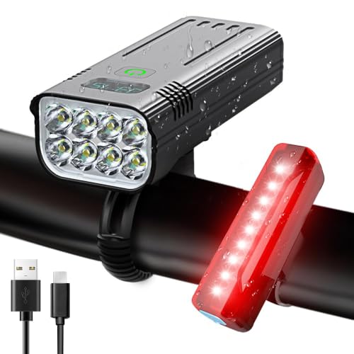 Victoper Luz Bicicleta,Mejorada Luz Bicicleta,Luz Bicicleta Delantera con Pantalla Digital,8000 Lúmenes,8 LED,5+5 Modos,IPX5 Impermeable,Luces Delanteras y Traseras Recargables para Bicicleta