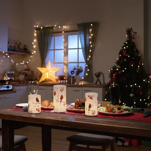 Image of GenSwin Red Bird Flameless Candles with Timer, LED Candles with 3D Wick, Real Wax Pillar Candles for Halloween Christmas Indoor Decorations(D3 inch x H4 inch5 inch6 inch)