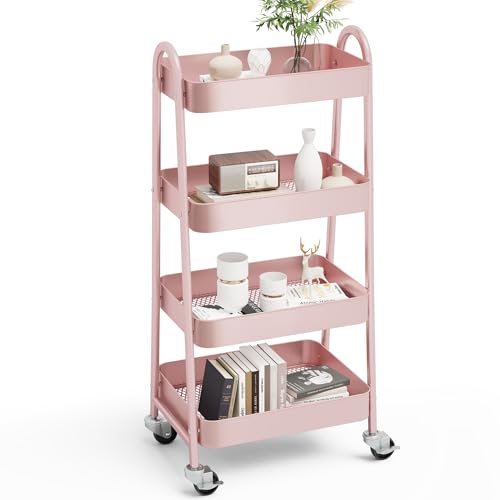 Image of OLIXIS Metal 4 Tiers Utility Rolling Cart, Mobile Storage Shelf with Lockable Caster Wheels, Organization for Livingroom, Bathroom & Narrow Places, 4-Tier Pink