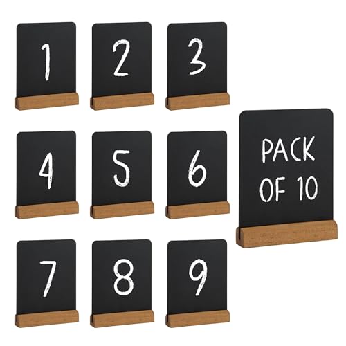 Chabrias Ltd Mini Chalkboard Table Sign with Wooden Stand -11 x 8cm- Reusable Easy Wipe Chalkboard Sign Menu Display Wedding Table Numbers Reserved Signs for Restaurants Cafés & Events (10 Mini)