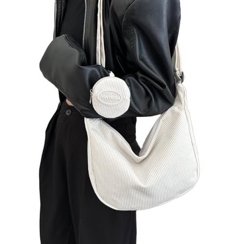 Bolsa tiracolo feminina de veludo cotelê multifuncional, bolsa de ombro casual com bolsa pequena para uso diário, Branco, Tendência