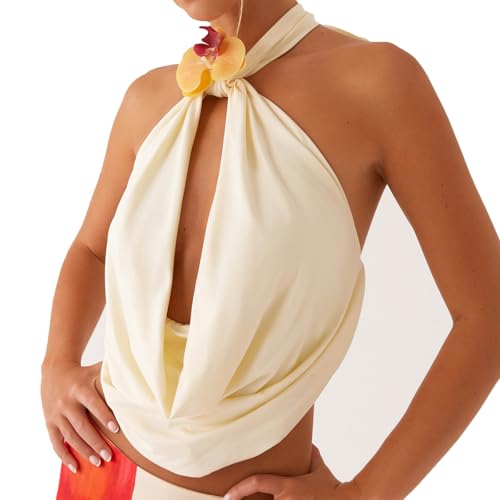 Women 3D Flower Cami Top Vintage Solid Color Draped Front Halter Backless Camisole Sexy Cowl Neck Crop Tank Top